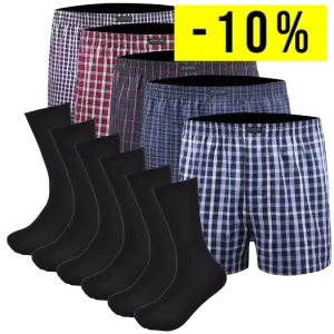 5 Vævede Boxershorts med ternet mønster og 6 Sorte Soft Top Bambus Strømper